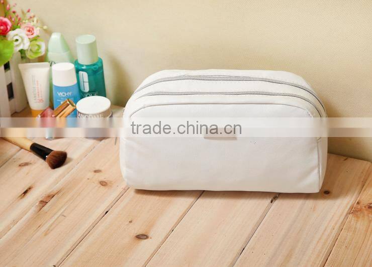 Elegant PU women handbags cosmetic purse white leather toiletry pouch with two large compartment
