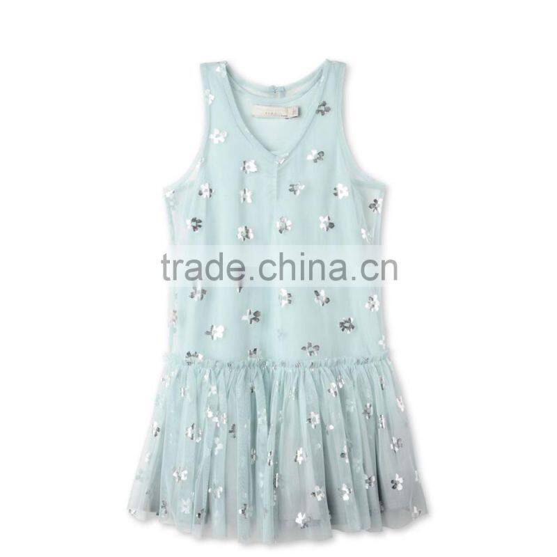 Printed Metallic Flowers Girl Tulle Party Dress Kids Frocks Neck Designs Childern Frock Model HSd5178