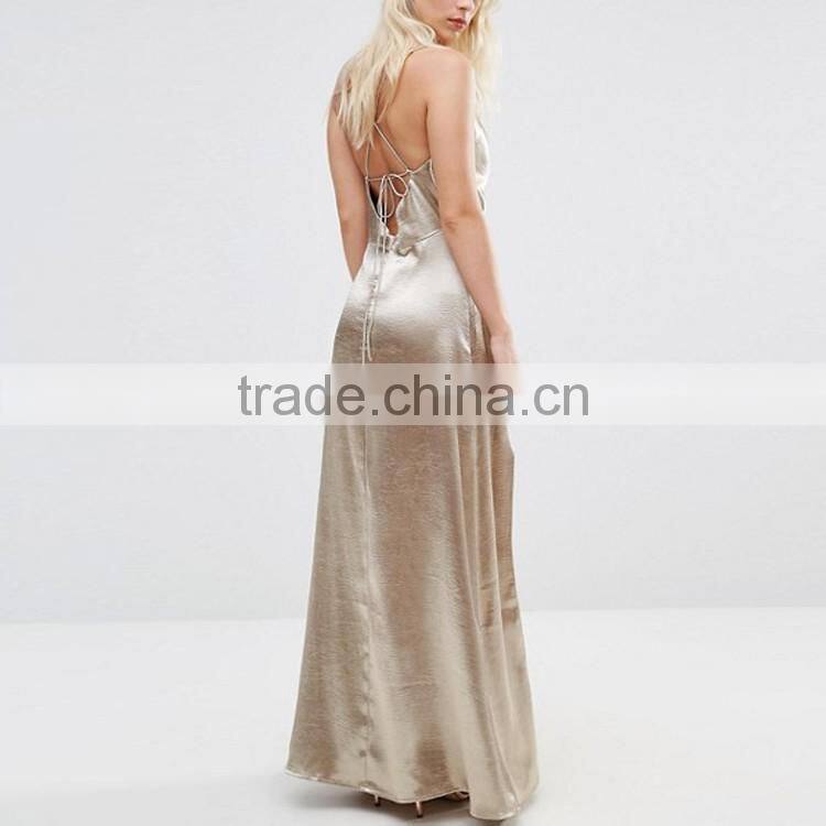 2016 Pictures of Ladies Prom Gown Dresses Cowl Front Strappy Evening Cami Maxi Dress With Thigh Split HSd7464