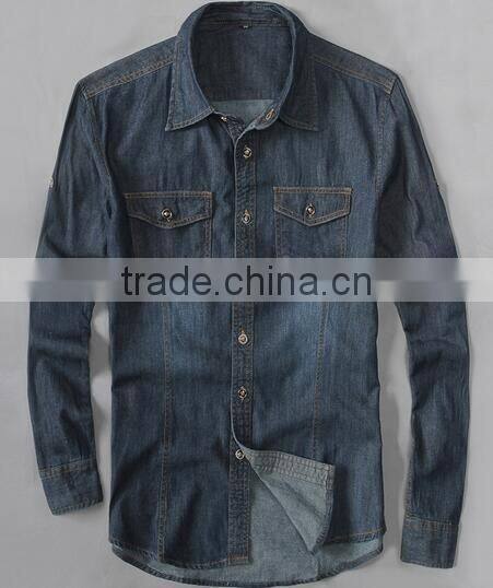 Mens denim shirt Long sleeve washed denim shirts two pockets denim shirts
