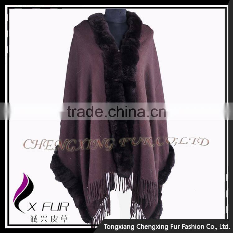 CX-B-P-48B 2016 Ladies Latest Rex Rabbit Fur Trim Shawls and Scarves Pashmina