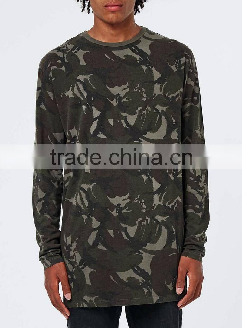 Camo printed longline t shirts mens long sleeve t-shirt custom for man