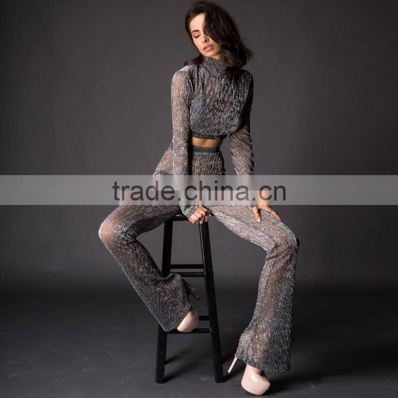 Runwaylover 084 Europe Style Ladies Two Piece Suits , Women Sexy Turtleneck Crop top And Transparent Casual Pants