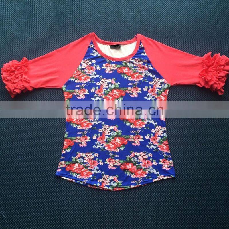 Adult kids mommy and me ruffle raglan shirt 3/4 sleeves raglan kinds fabric patterns prined customers design raglan YW-00350