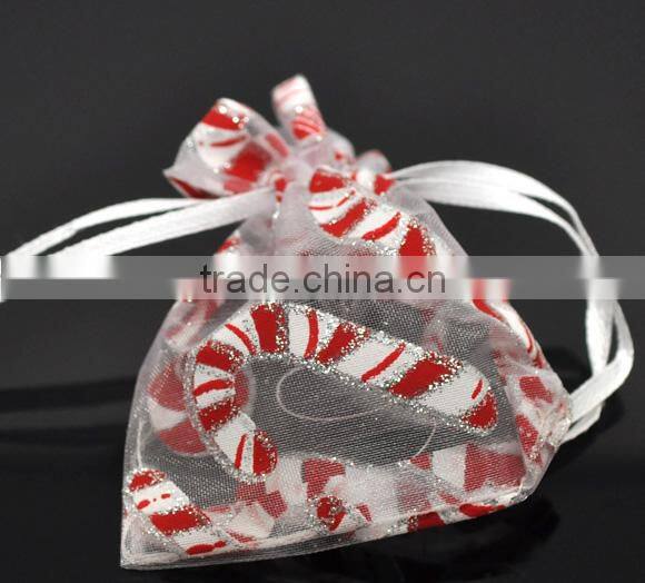 White Christmas Candy Cane Pattern W/Draw String Organza Wedding Gift Bags &Pouches