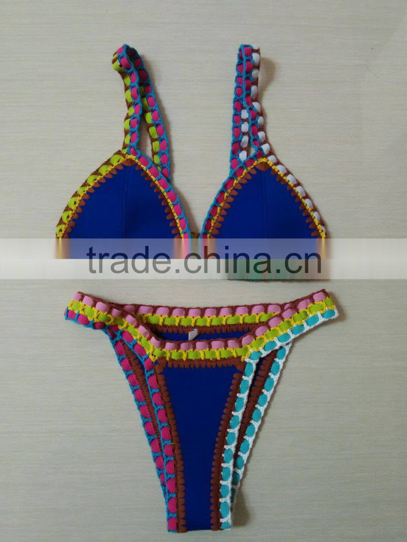 lake blue multi color hand woven swimwear bikini/hr fancy crotched r bikini swimwear/ fancy bikini set swimwear beachwear