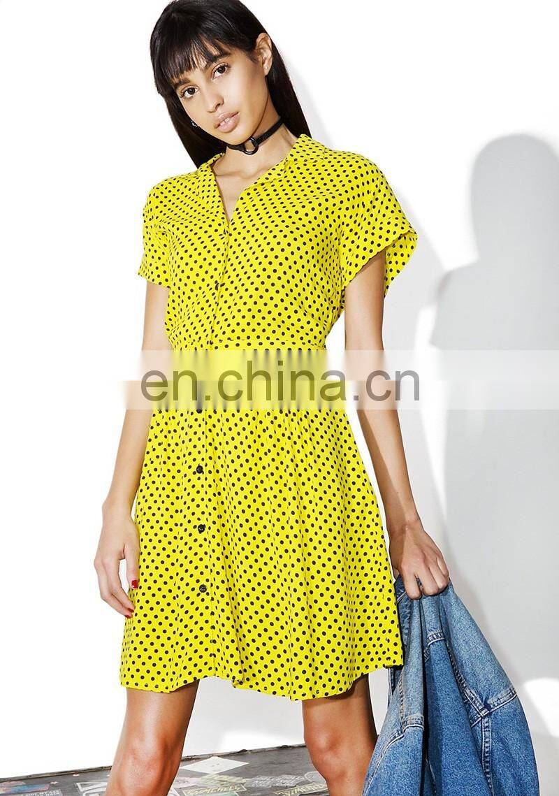 100% Viscose Fashion Clothing Front Up Summer Woman Dress in Black Dotted Print