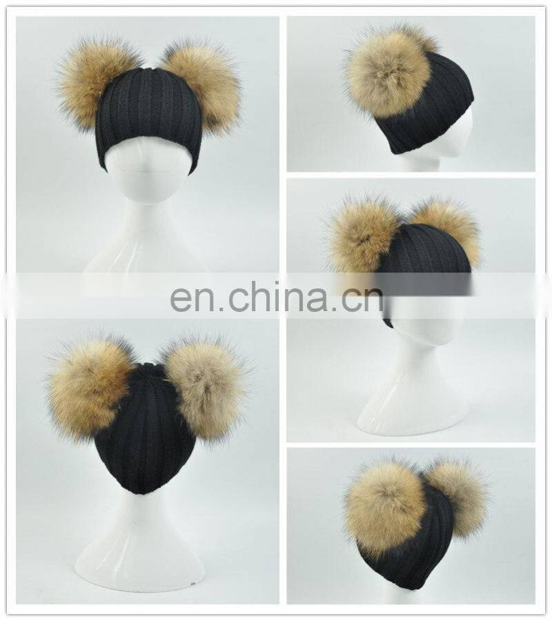 High Quality Kids Knitted Beanies Hat Double Big Raccoon Fur Pom Pom Hat Baby