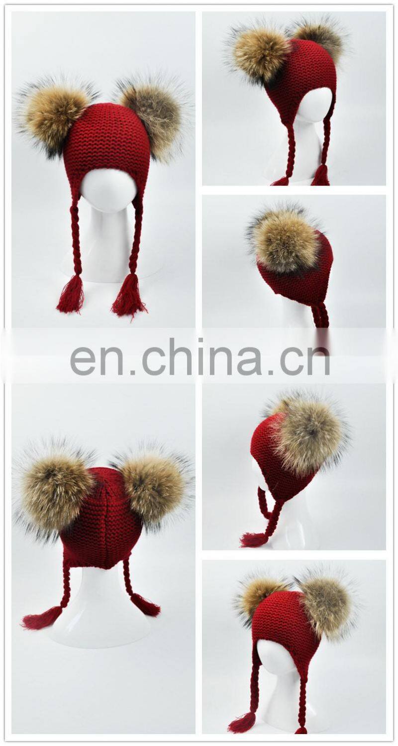High Quality Fashionable Kids Beanie Hats With Two Fur Pom Poms Baby Fur Hat