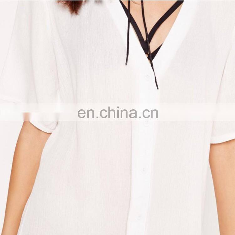 Latest fashion blouse design white see through white shirt
