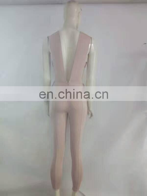 Amigo 2017 fashion beige sleeveless deep V neck low-cut backless bandage evening jumpsuits for women