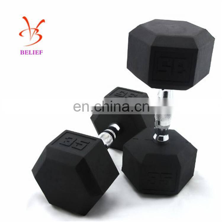 Wholesale 5-60lb top quality black rubber hex dumbbell