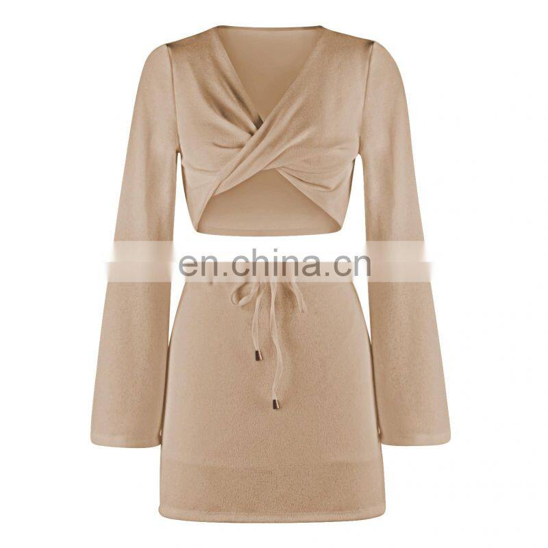 2021 Cross-border New Product Pure Color Women's Fashion Twisted Long Sleeve V-neck Sexy Top Drawstring Short Skirt Autumn Set