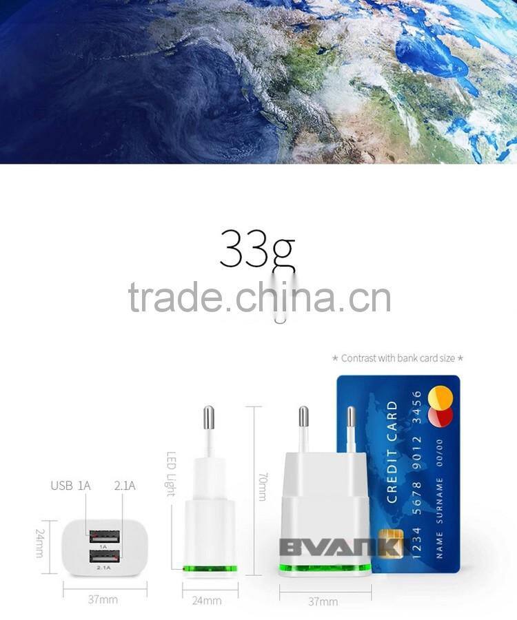 Universal 5V 2A EU AC Travel LED Light dual USB Wall Charger for iPhone 6 6S for Samsung Galaxy S5 S6 S7 Cell Phones Adapter