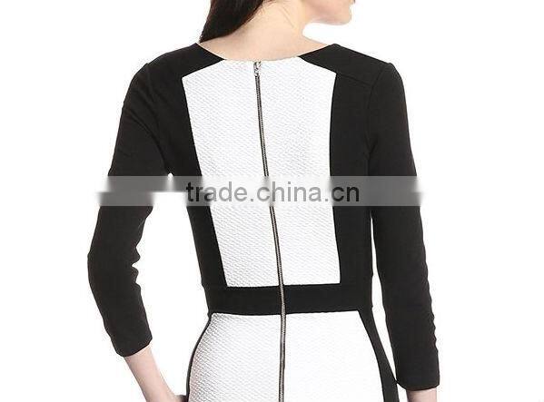 black and white match deep v neck up to knee long sleeve career dress