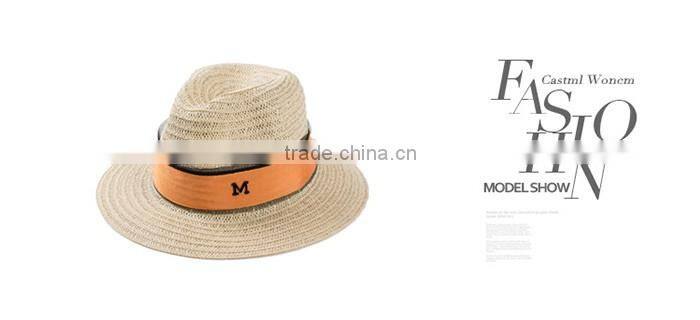 Ladies promotional alphabet M caps with ribbon straw panama hat cheap