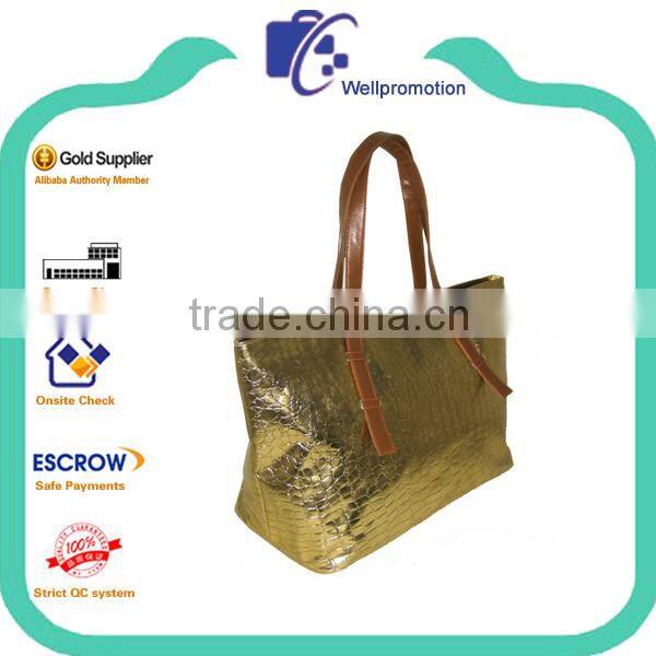 Wellpromotion fashion promotional golden crocodile-embossed synthetic leather tote bag with shoulder straps
