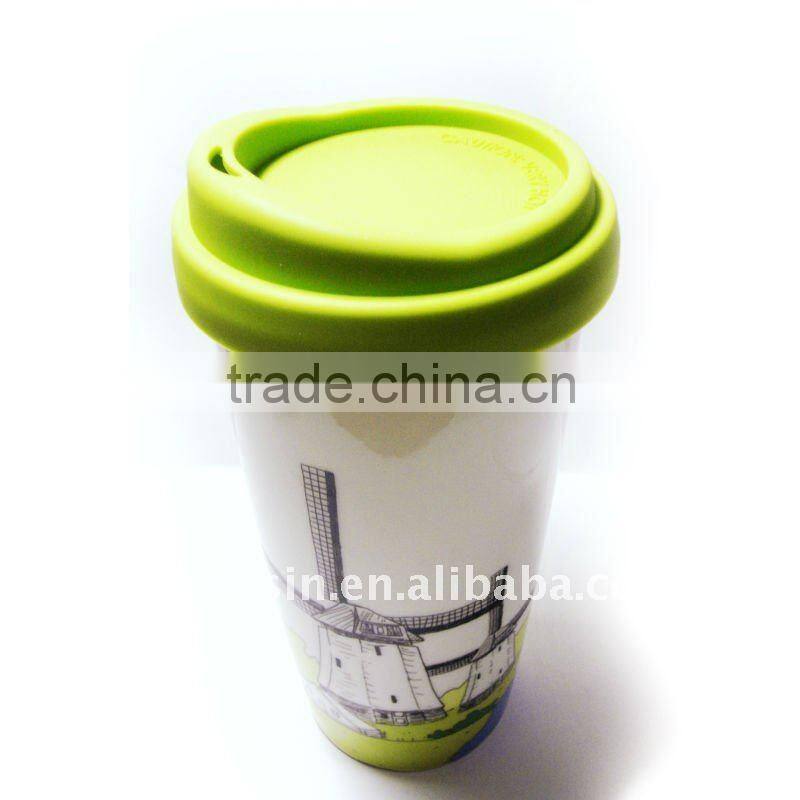 Ceramic promotion mug with silicone lid and sleeve