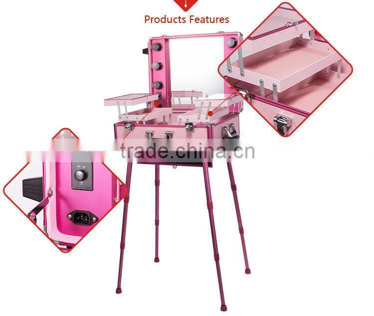 Europe Design Commercial Beauty Makeup Aluminum Trolley Case With Light and Mirror