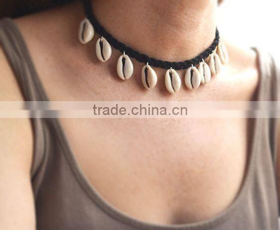 Fashion Necklaces Women Jewelry 2016 Suede Braided Black Rope Sea Shell Pendants Beachwear Choker Necklaces For Summer