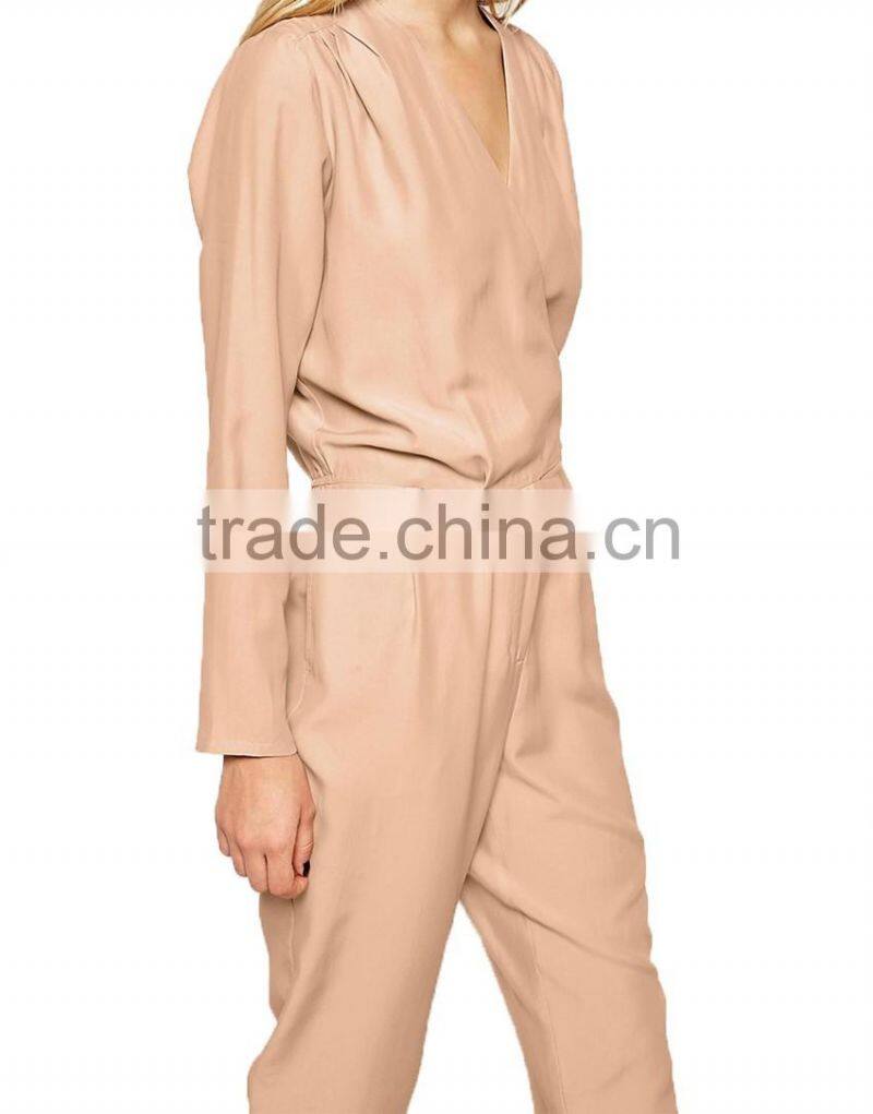 Long sleeve v-neckline pink wrinkled elastic elegant women long jumpsuit