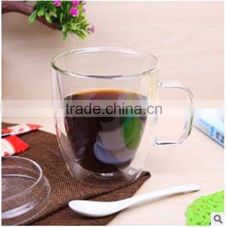 100% Lead free heat resistant borosilicate double wall glass coffee/milk cup with handle in stock