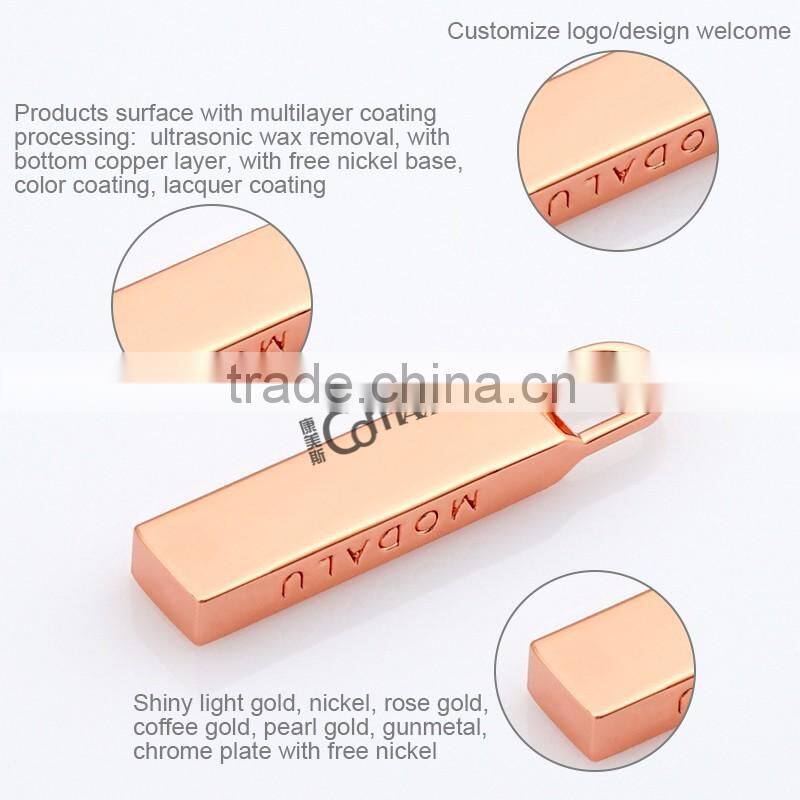 Lead free custom metal zipper puller in rose gold color for wallet