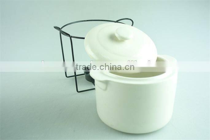 mini ceramic soup tureen with iron stand and color box in stock