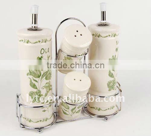 4PCS ceramic salt & oil vinegar bottle with metal stand,ceramic spice jar,ceramic cruet set,ceramic caster set
