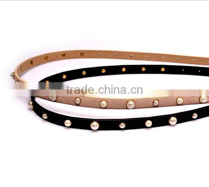 Fashion pearls decorated pin buckle sex girl thin PU waist belt