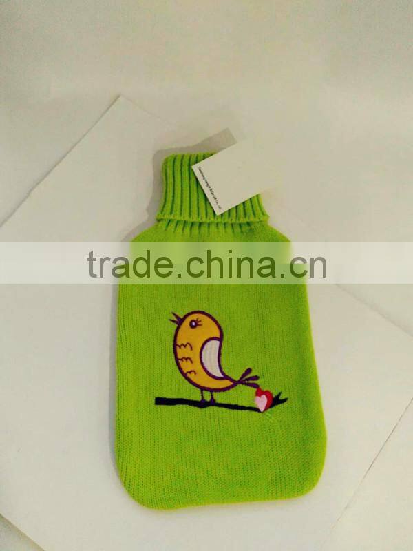 green hot water bottle kintted yellow bird cover