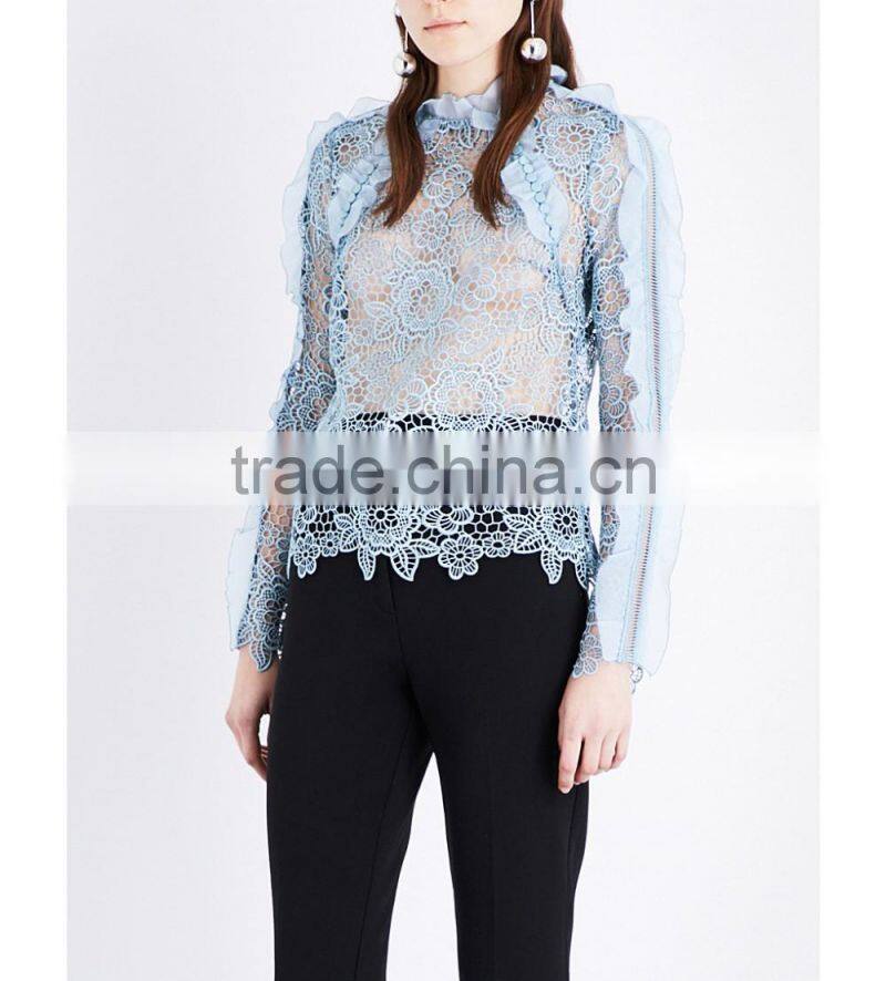 Wholesale High Neck Long Raglan Sleeves Floral Lace Frill-detailed Cutout Lace Top(DQE0188T)