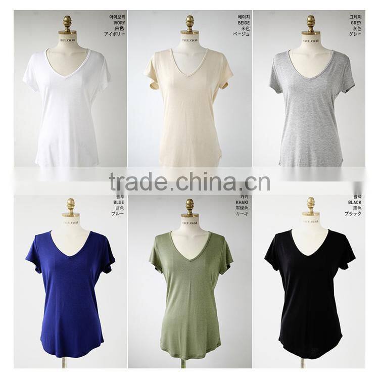 Lady's v neck curved hem cotton tee shirt blue color customized bulk wholesale printing Tee shirt