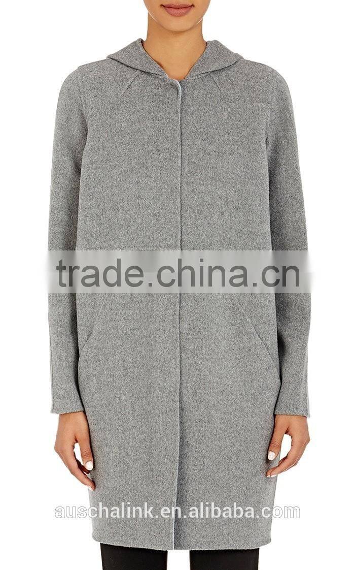 OEM service outdoor winter 100% wool grey long hooded wool coats
