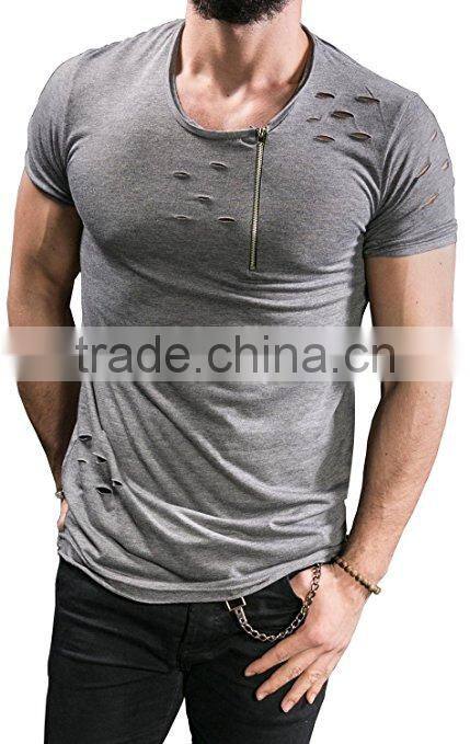 Curved hem blank distressed t shirts mock holes longline tee