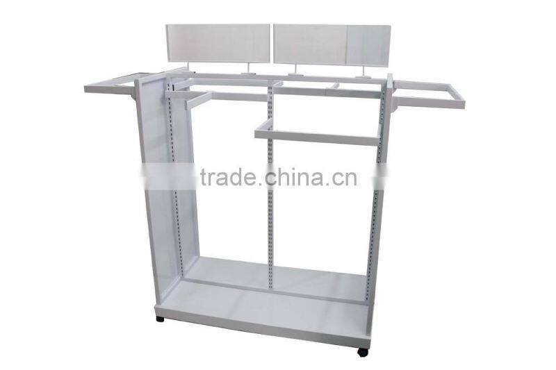 Double hangrail merchandiser with white shelves garment display