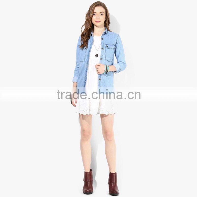 newest fashion design plain light blue women jeans jacket wholesale