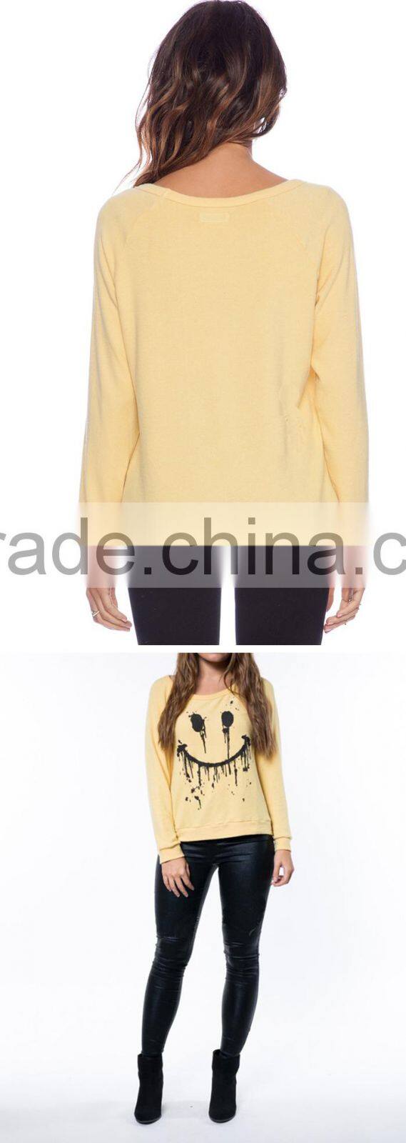Custom comfortable women smiling face printed loose fit sweatshirt with long sleeve