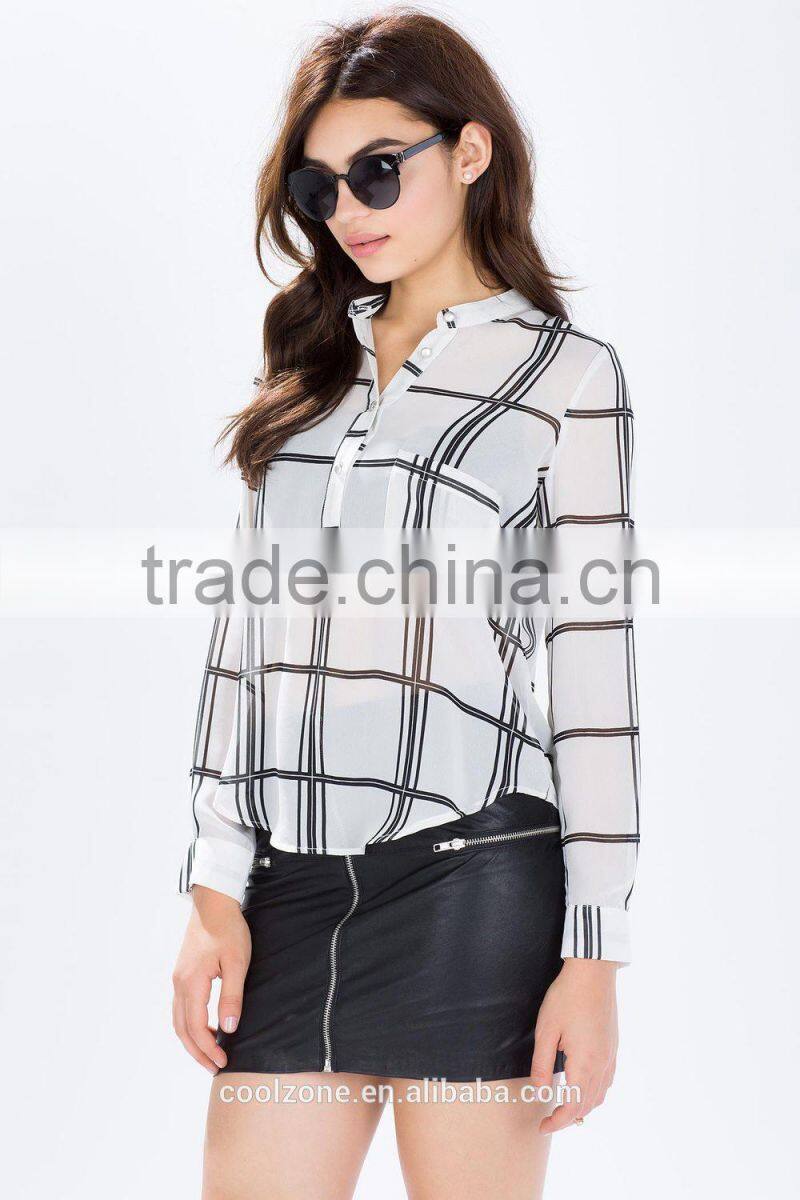 2015 New design sheer chiffon ladies blouse grid print blouses wholesale