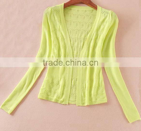 2014 hot sell wholesale high quality cotton hollow v-neck long sleeve knitwear cardigan