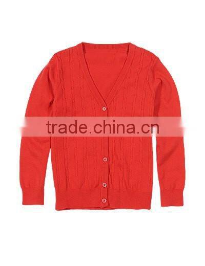 Latest! High Quality Bright Blue Button Through V-Neck Girls Long Sweater with Ribbed Trim