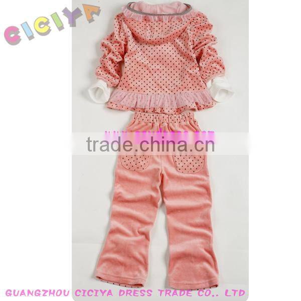 Girl bowknot designed velvet pajama 3pcs set(hoody jacket+hoody long sleeve high collar tshirt+long pants)
