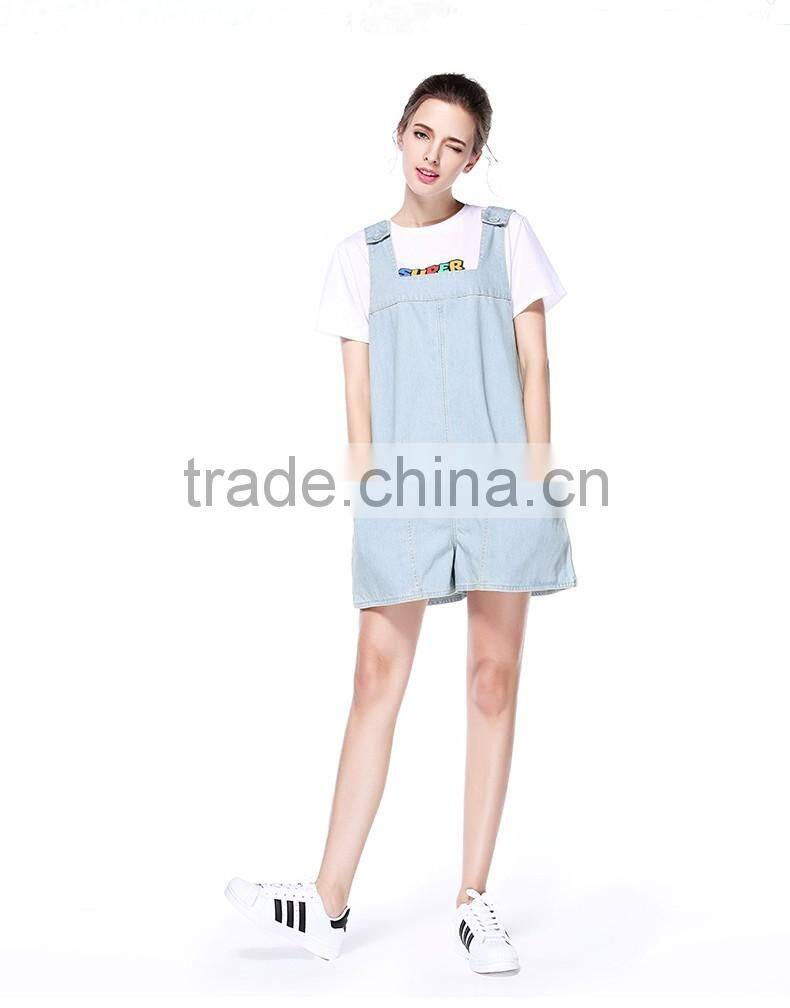 Women's summer casual light blue denim jeans hot shorts/short suspender bib overalls