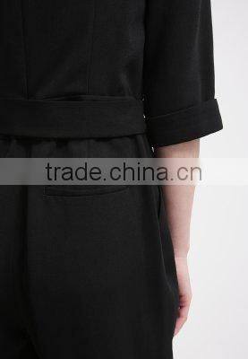 Casual black v-neck with belt one piece suit design trousers