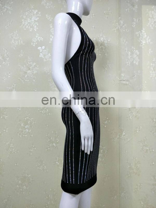 Amigo 2017 new design sexy black 100% cotton halter slit full hot-fix rhinestone evening dresses for ladis party wear