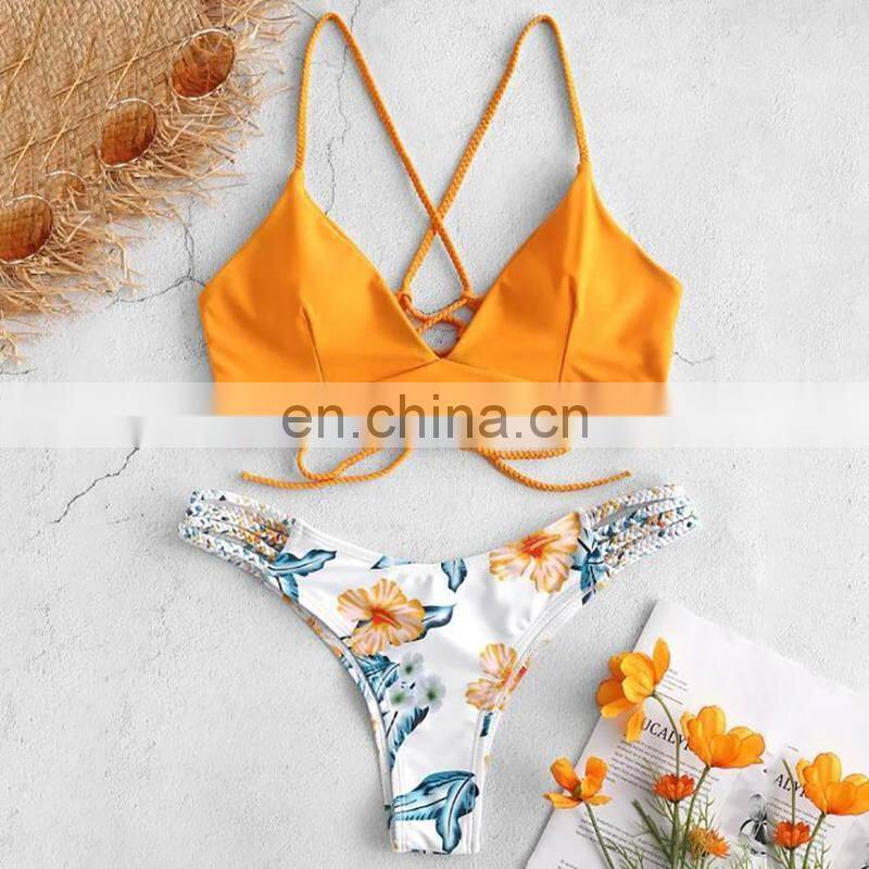 Two-piece suits orange swimwear print swimsuit straps swimwear women girls bather two piece suits for women