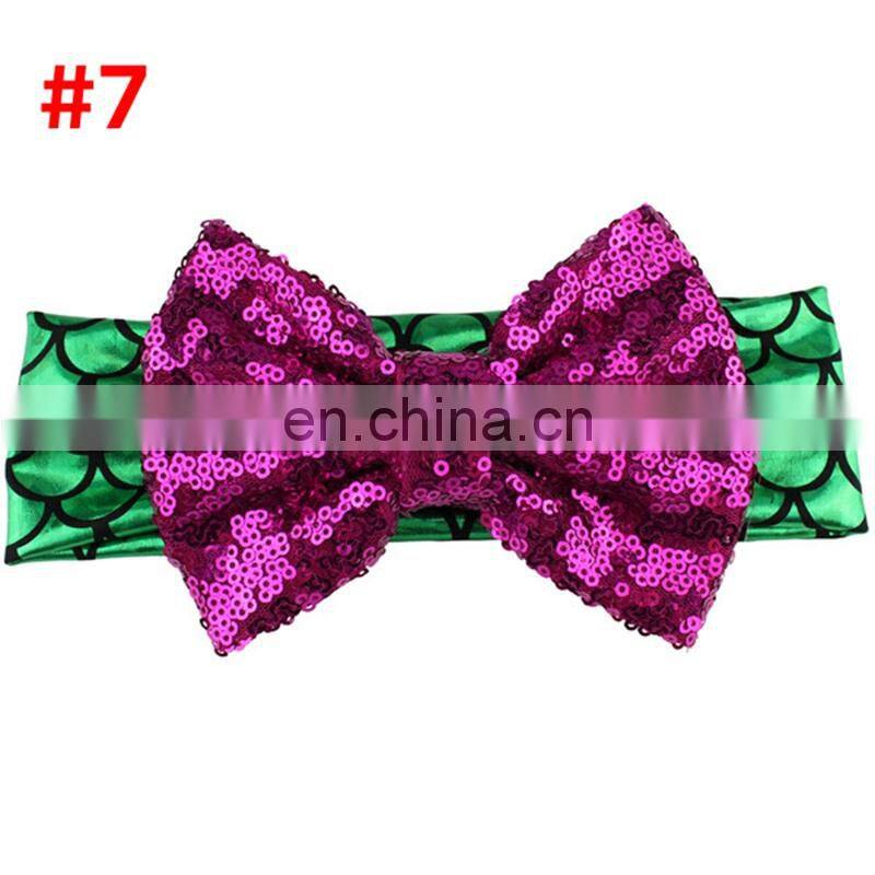 5Inches Girl Mermaid Sequins Headband Baby Glitter Hairbow Dance Party headwear 10Colors