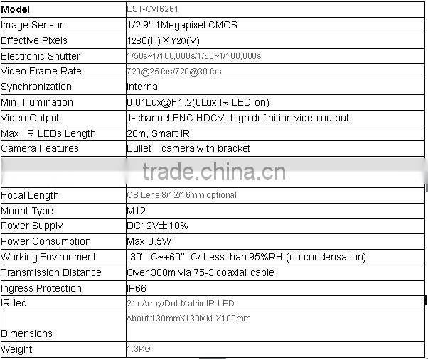 2014 hot sale outdoor ir bullet camera with high quality 720p HDCVI camera