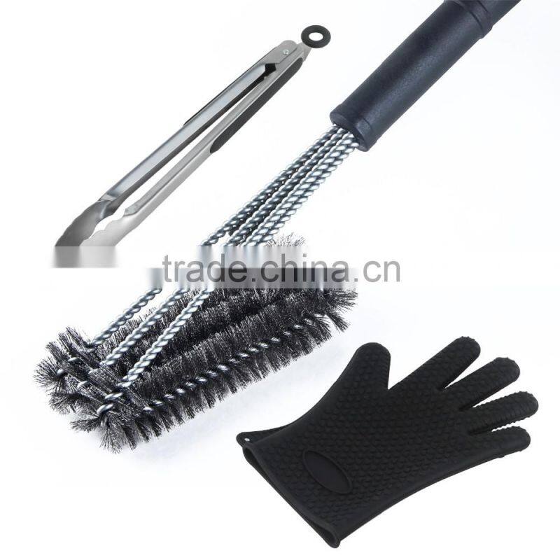 18 Inch Stainless Steel Grill Clean Brush with Bonus Silicone Glove and Food Service Tongs Set Popular Barbecue Tool Set