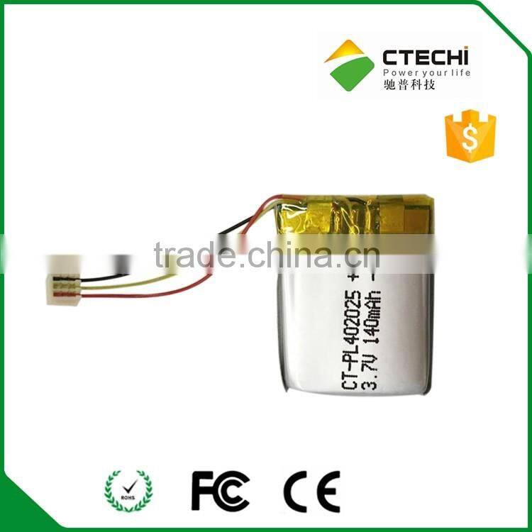 3.7v nominal voltage and Li-polymer battery 402025 140mAh